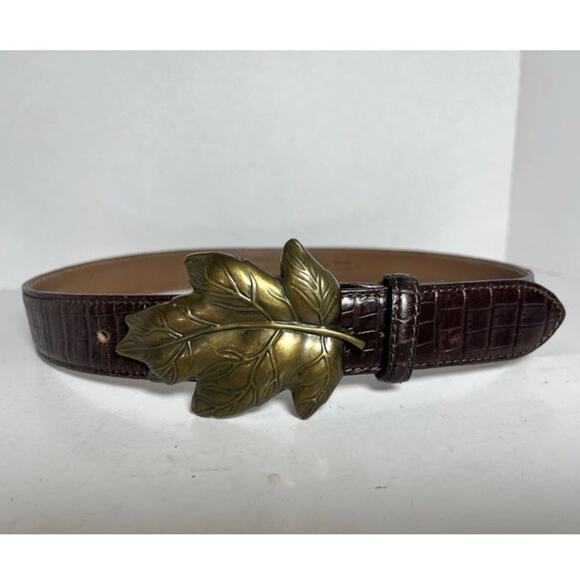 Talbots Sz Medium Belt Brown Italian Croc Embossed Leather Brass Leaf Buckle - Picture 4 of 11